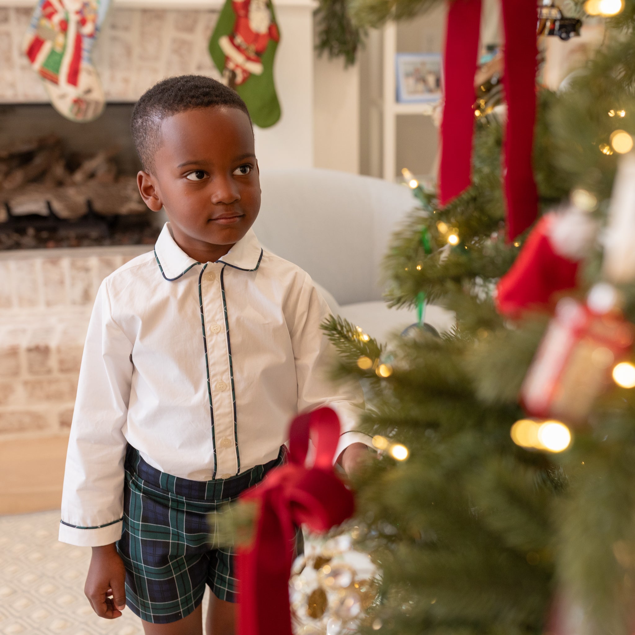 Boys holiday short set in Newbury Tartan with white poplin top and tartan trim, festive Christmas outfit for boys with coordinating sibling options