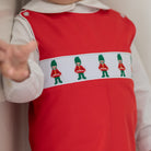 Red boys holiday Jon Jon with toy soldier smocking across the chest, Henry Duvall George Jon Jon in cotton poplin for classic Christmas dressing