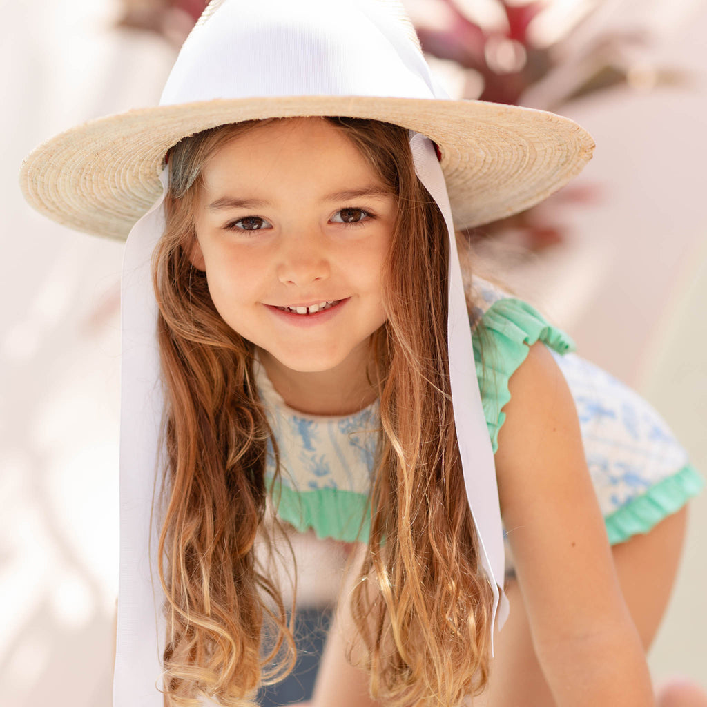Zinnia Sun Hat for Little Girls (Age 4-10) - Long Pastel Pink Grosgrain Ribbon - HENRY DUVALL