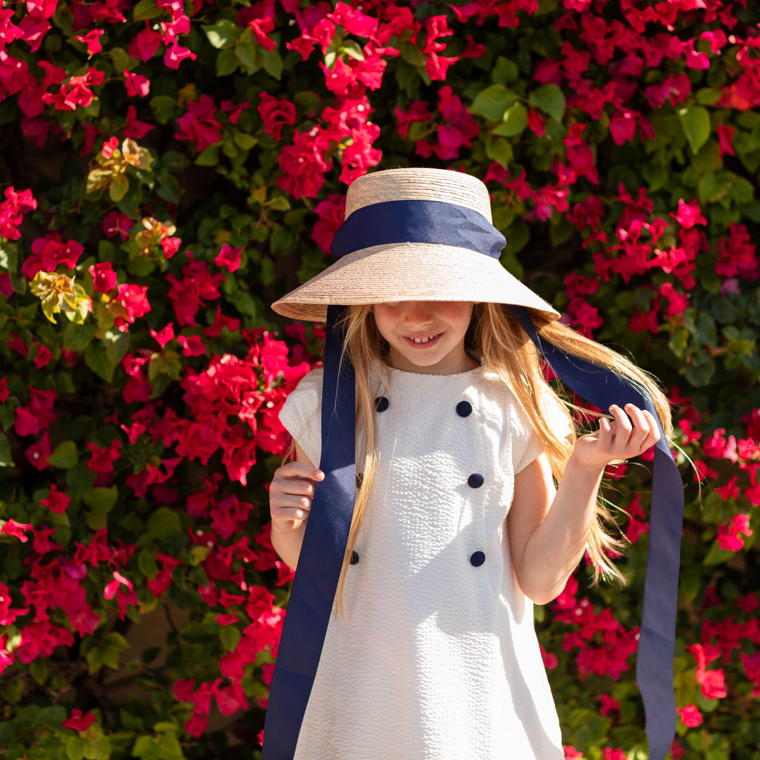 Palmetto Little Girl’s Hat - Long French Blue Grosgrain Ribbon - HENRY DUVALL