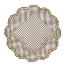 Wheat gingham placemat with scalloped edge embroidery, styled for a classic Thanksgiving table