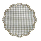 Wheat gingham placemat with scalloped edge embroidery, layered on a fall harvest table with green and gold tones