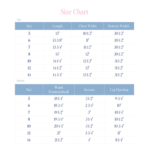 The Harper Set in Classic White with Rainbow Smocking size chart