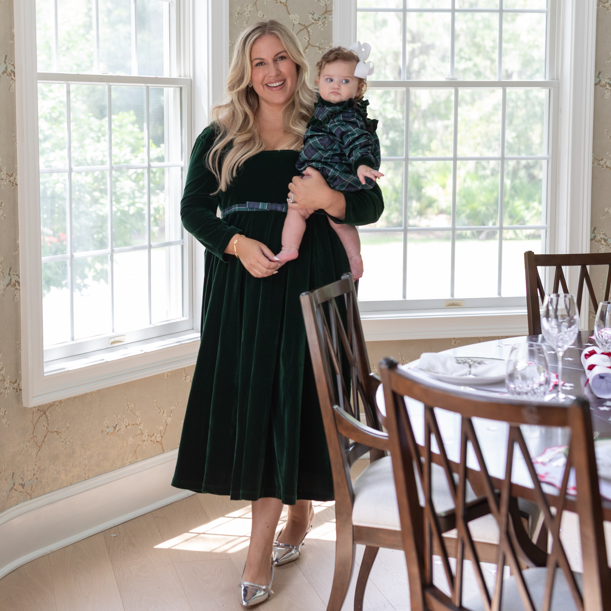 Classic women’s holiday dress in Grafton Green Velvet with tartan bow, elegant Christmas outfit to coordinate with children, Henry Duvall womenswear