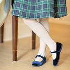 Navy velvet mary jane shoes for girls by Childrenchic with velcro strap and cushioned insole, perfect for fall family photos and dressing up Henry Duvall outfits.
