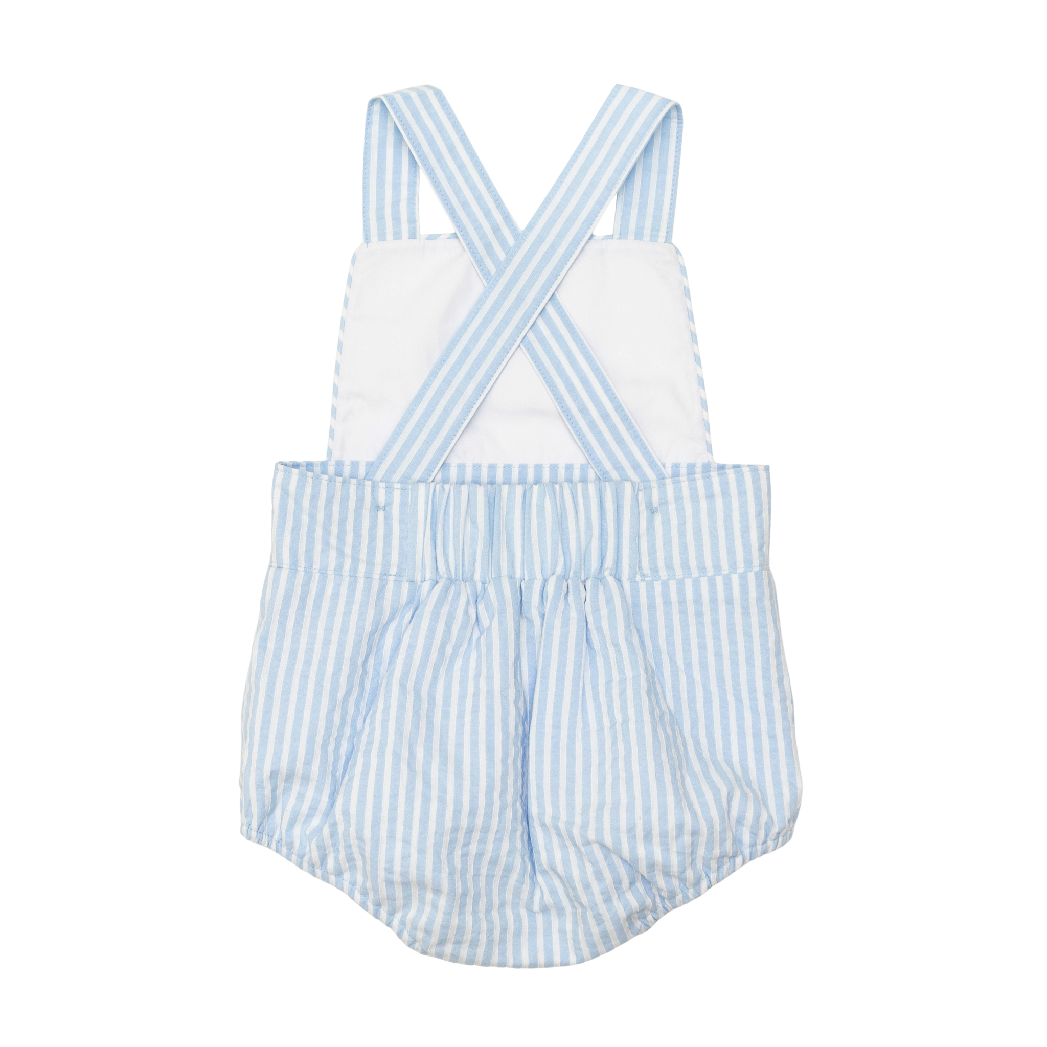 Back view of Henry Duvall Henry Sunsuit showing adjustable criss-cross straps and elastic back on a classic baby boys sunsuit.