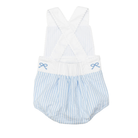 Henry Duvall baby girls Sutton Sunsuit in Seaside Stripe cotton, a timeless summer sunsuit with criss-cross back straps and white ric rac trim.