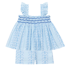 Henry Duvall girls smocked shorts set in South Charles Stripe, a classic two-piece outfit with flutter sleeves and blue embroidered smocking.