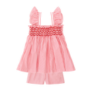 Henry Duvall girls smocked shorts set in red & white strip, a classic two-piece outfit with flutter sleeves and blue embroidered smocking.