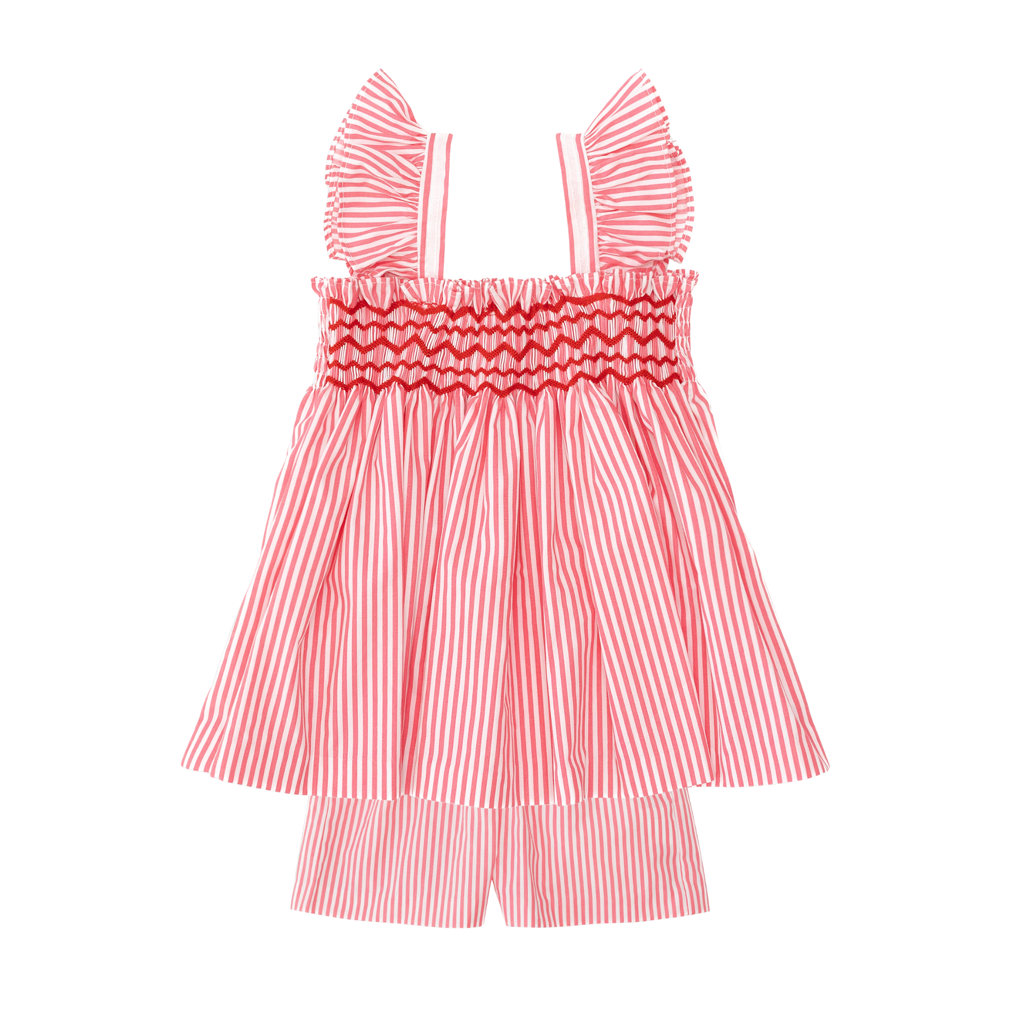 Henry Duvall girls smocked shorts set in red & white strip, a classic two-piece outfit with flutter sleeves and blue embroidered smocking.