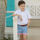 Henry Duvall Wyatt boys shorts in East Beach Blue with Seaside Stripe cuff, classic preppy summer shorts for Memorial Day, 4th of July, and everyday wear