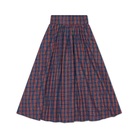 Women’s Audrey Skirt in navy, red, and green Tinsel Tartan with subtle metallic thread, featuring a full gathered midi-length silhouette.