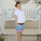 Henry Duvall Wyatt boys shorts in East Beach Blue with Seaside Stripe cuff, classic preppy summer shorts for Memorial Day, 4th of July, and everyday wear