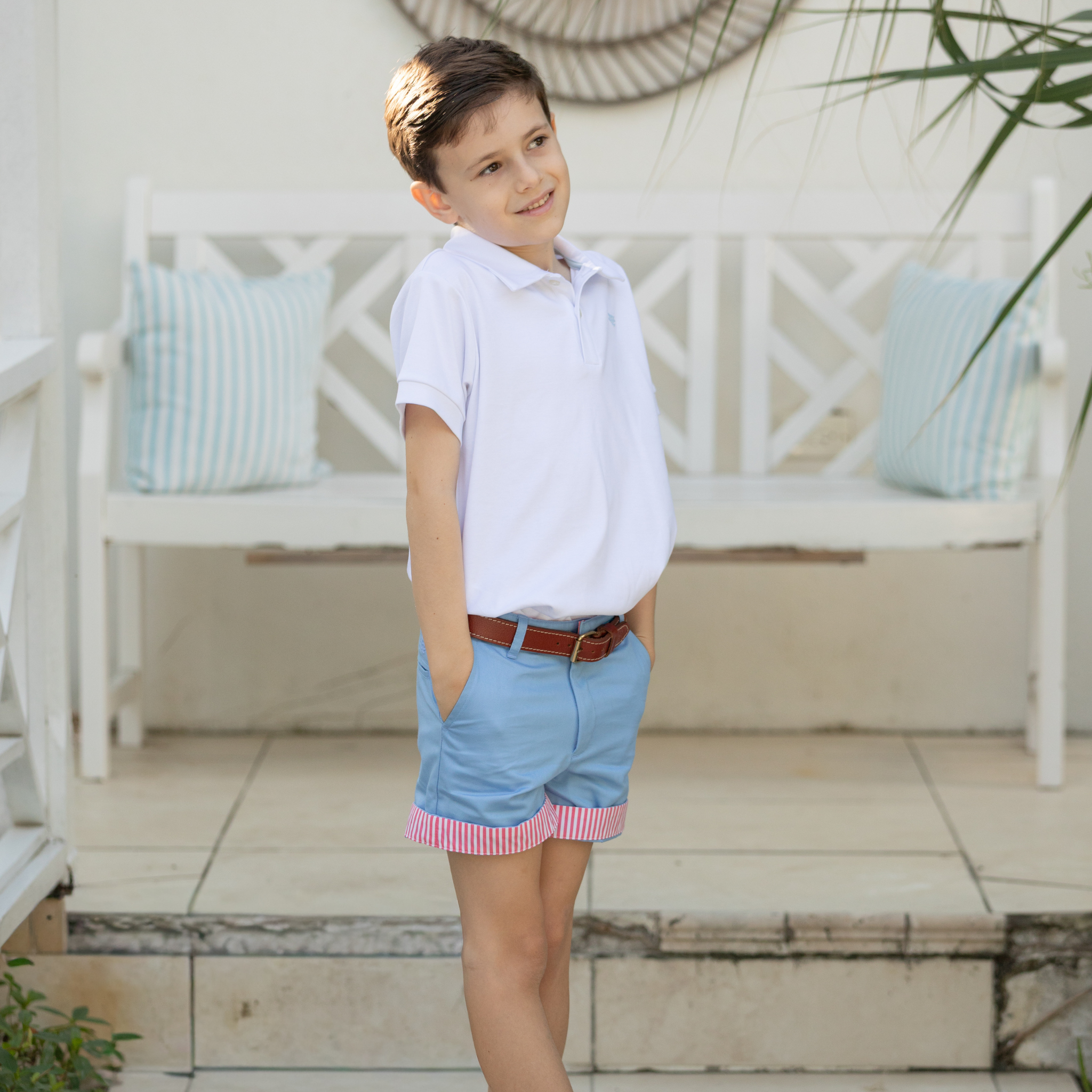 Henry Duvall Wyatt boys shorts in East Beach Blue with Seaside Stripe cuff, classic preppy summer shorts for Memorial Day, 4th of July, and everyday wear