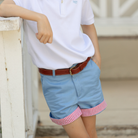 Henry Duvall Wyatt boys shorts in East Beach Blue with Seaside Stripe cuff, classic preppy summer shorts for Memorial Day, 4th of July, and everyday wear