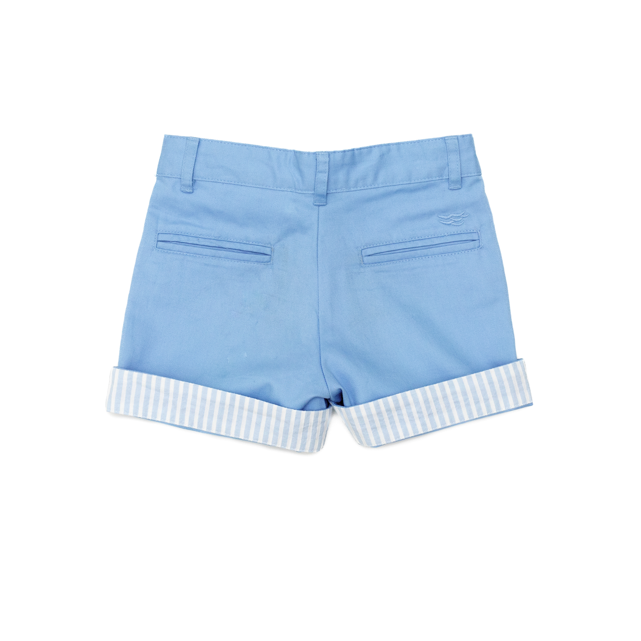 Henry Duvall boys Wyatt Shorts in East Beach Blue cotton featuring reversible striped cuffs, a timeless and versatile preppy boys short
