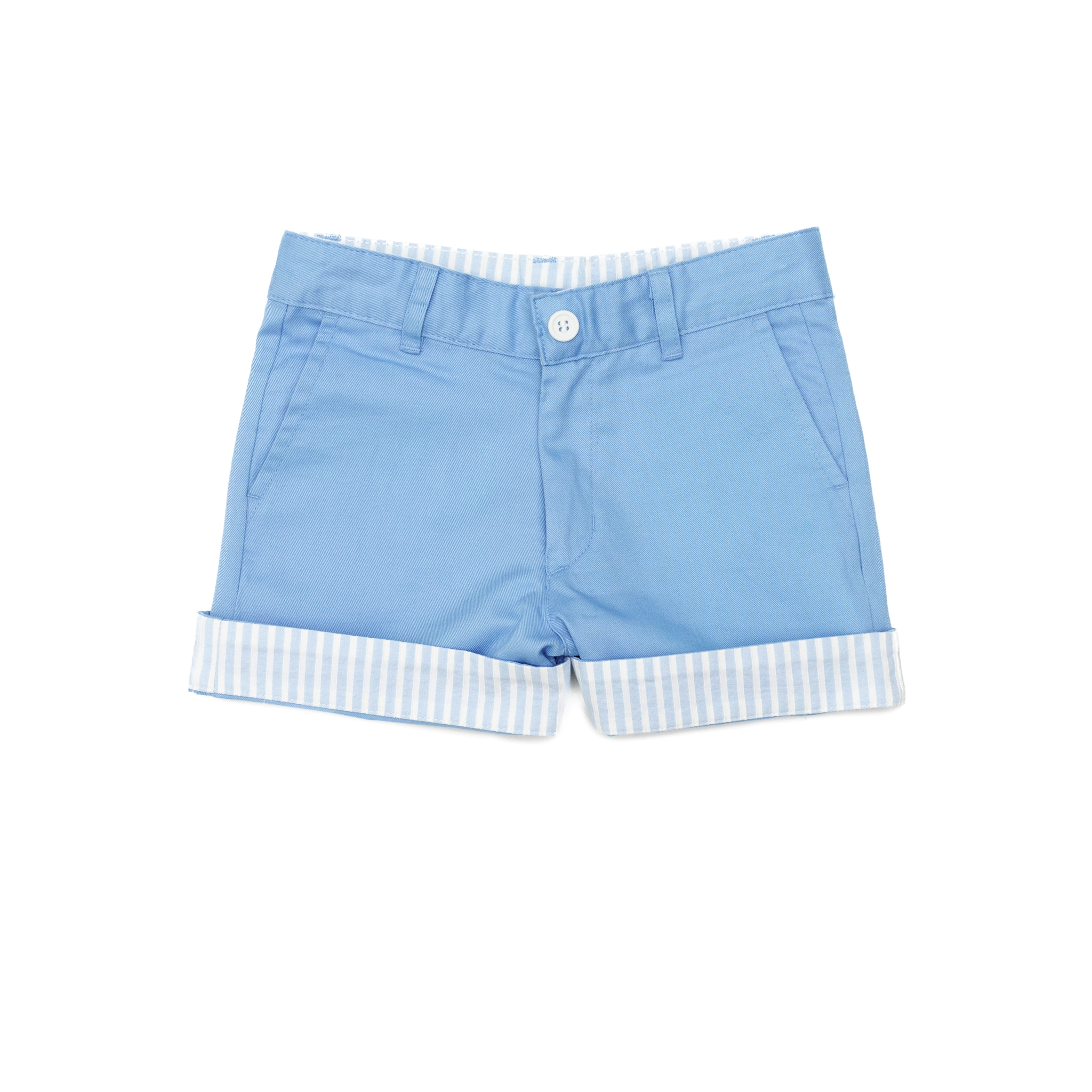 Henry Duvall Wyatt Shorts for boys in East Beach Blue with Seaside Stripe contrast cuffs, a classic preppy boys short designed to be worn cuffed or uncuffed
