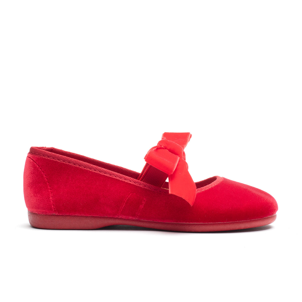Andie Red velvet Mary Jane in red with velvet bow, side view