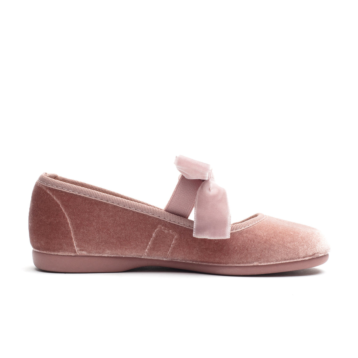 Andie Rose velvet Mary Jane in rose pink with velvet bow, side view