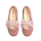Andie Rose velvet Mary Jane in rose pink with velvet bow, top-down view of pair