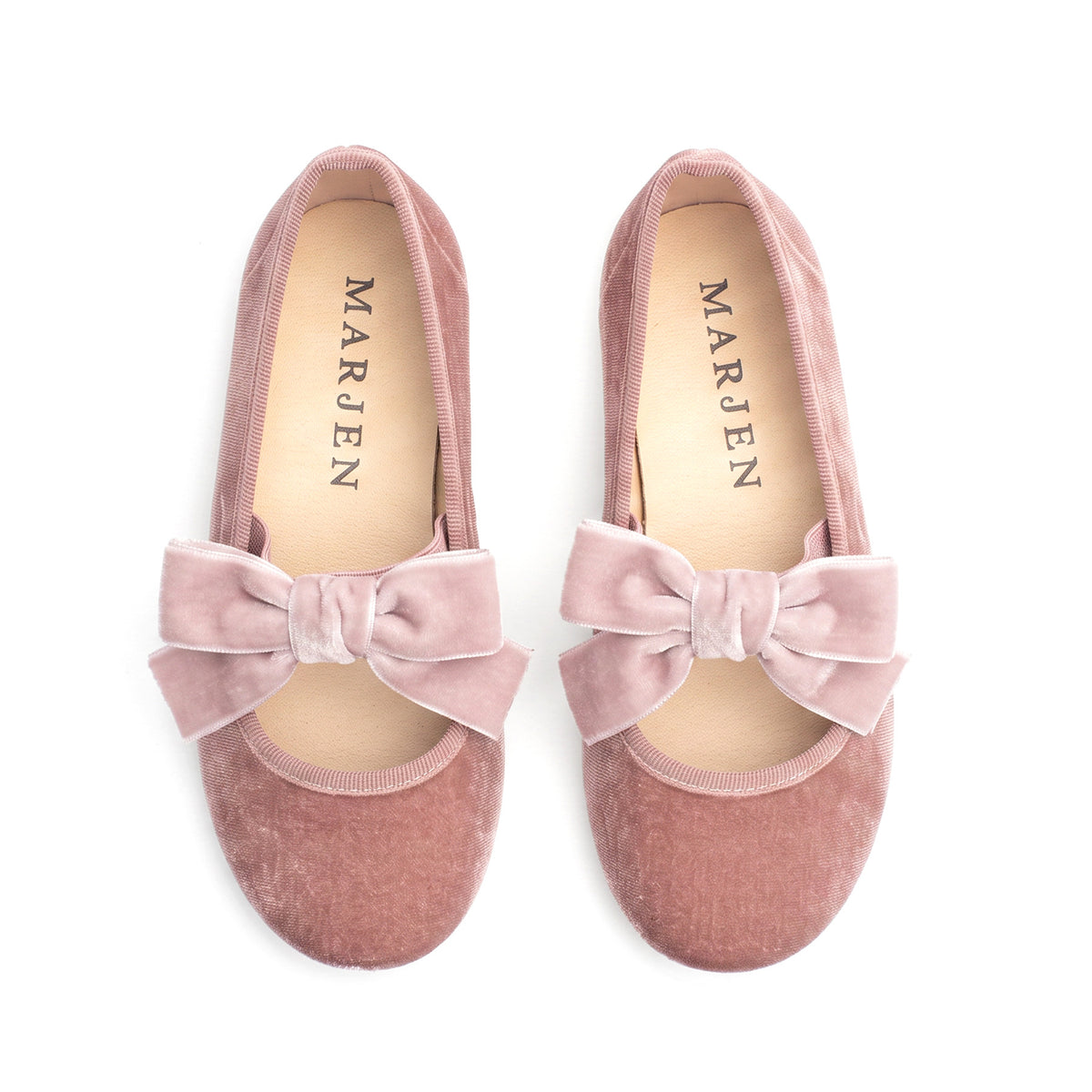 Andie Rose velvet Mary Jane in rose pink with velvet bow, top-down view of pair