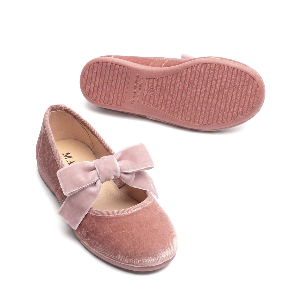 Andie Rose velvet Mary Jane in rose pink with velvet bow, pair with sole shown