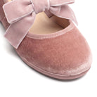 Andie Rose velvet Mary Jane in rose pink with velvet bow, close-up of bow and toe