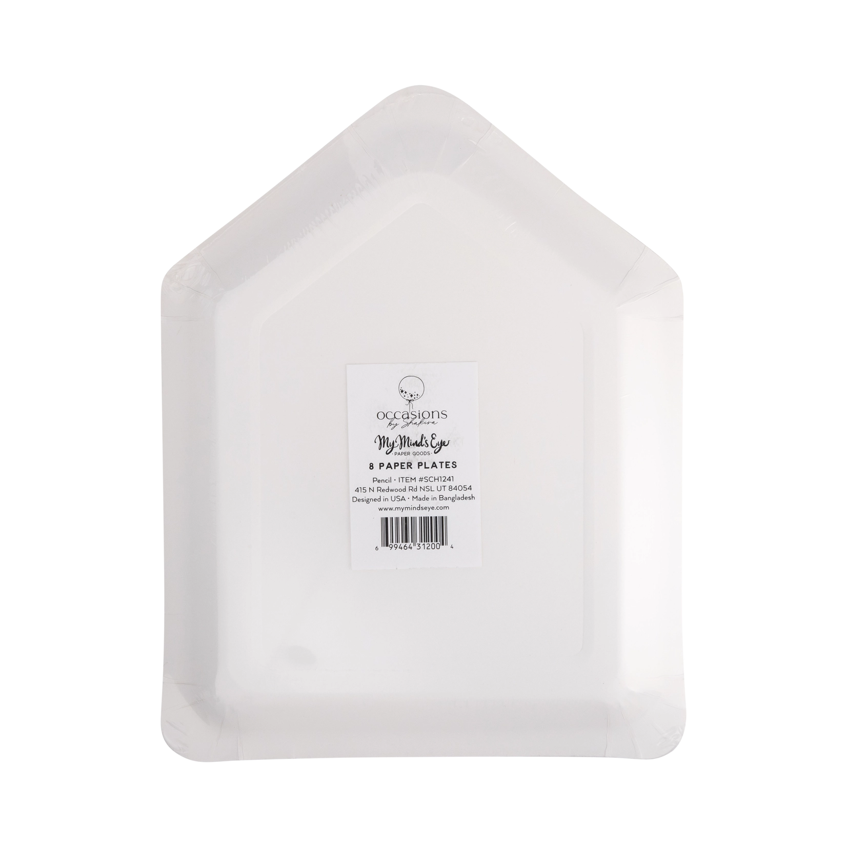 Hexagonal white paper plate with a brand label on a white background