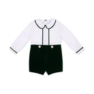 Boys’ Benjamin Button On with crisp white long-sleeve cotton poplin top, Grafton Green piping and pintuck details, paired with Grafton Green Velvet shorts and signature HD buttons.