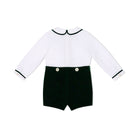 Boys’ Benjamin Button On with crisp white long-sleeve cotton poplin top, Grafton Green piping and pintuck details, paired with Grafton Green Velvet shorts and signature HD buttons.