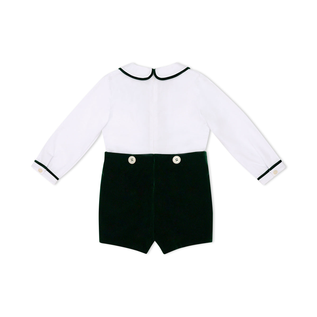 Boys’ Benjamin Button On with crisp white long-sleeve cotton poplin top, Grafton Green piping and pintuck details, paired with Grafton Green Velvet shorts and signature HD buttons.