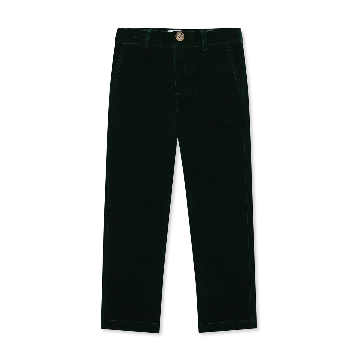 Boys’ Bradford Trousers in rich Grafton Green Velvet with a classic tailored fit, belt loops, front and back pockets, and embroidered Henry Duvall logo at the back.