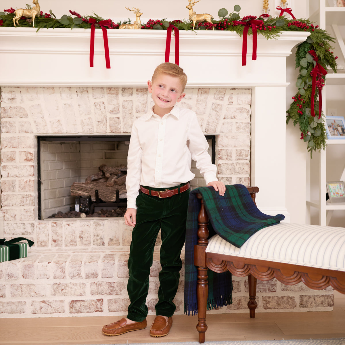 Boys’ Bradford Trousers in rich Grafton Green Velvet with a classic tailored fit, belt loops, front and back pockets, and embroidered Henry Duvall logo at the back.