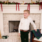 Boys’ Bradford Trousers in rich Grafton Green Velvet with a classic tailored fit, belt loops, front and back pockets, and embroidered Henry Duvall logo at the back.
