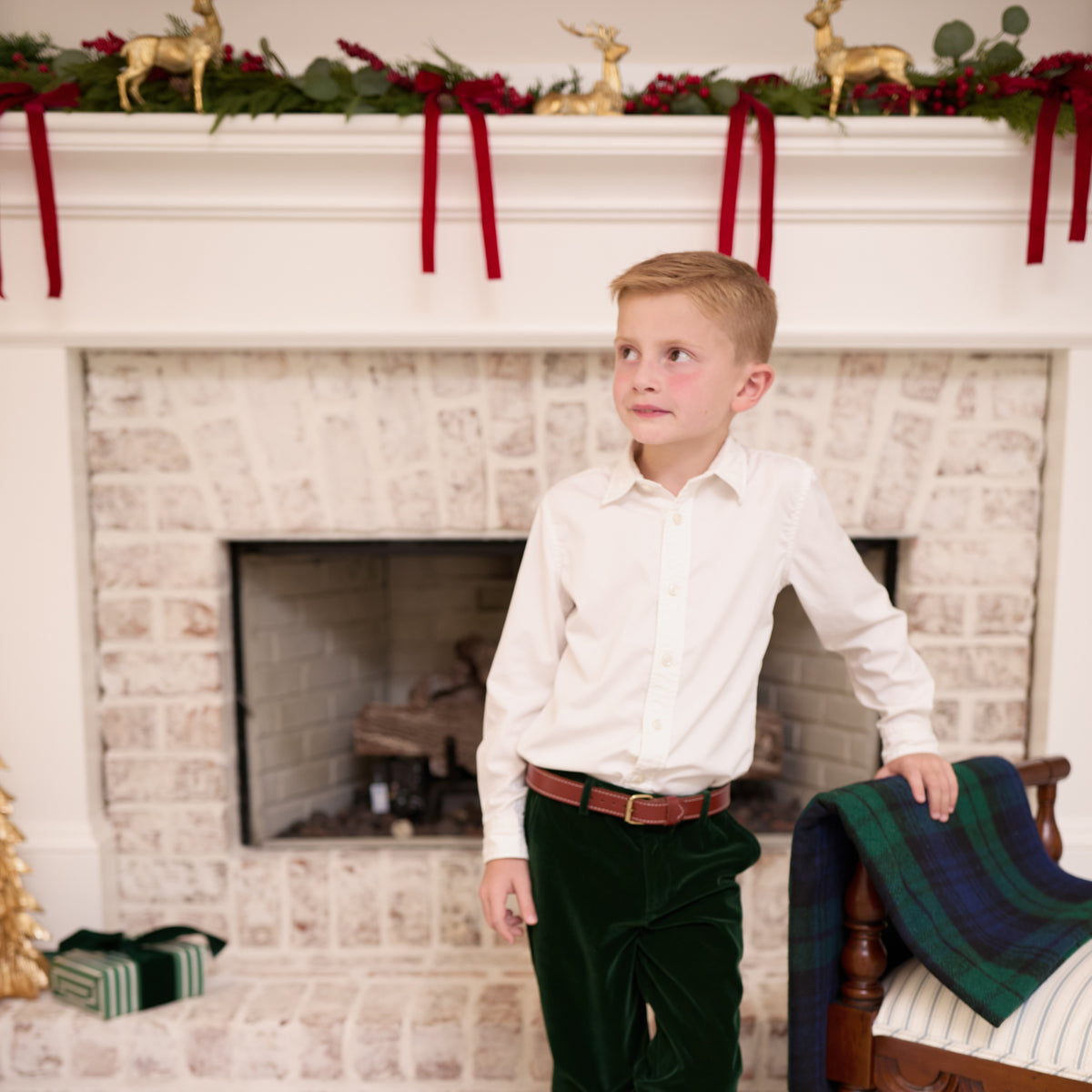 Boys’ Bradford Trousers in rich Grafton Green Velvet with a classic tailored fit, belt loops, front and back pockets, and embroidered Henry Duvall logo at the back.
