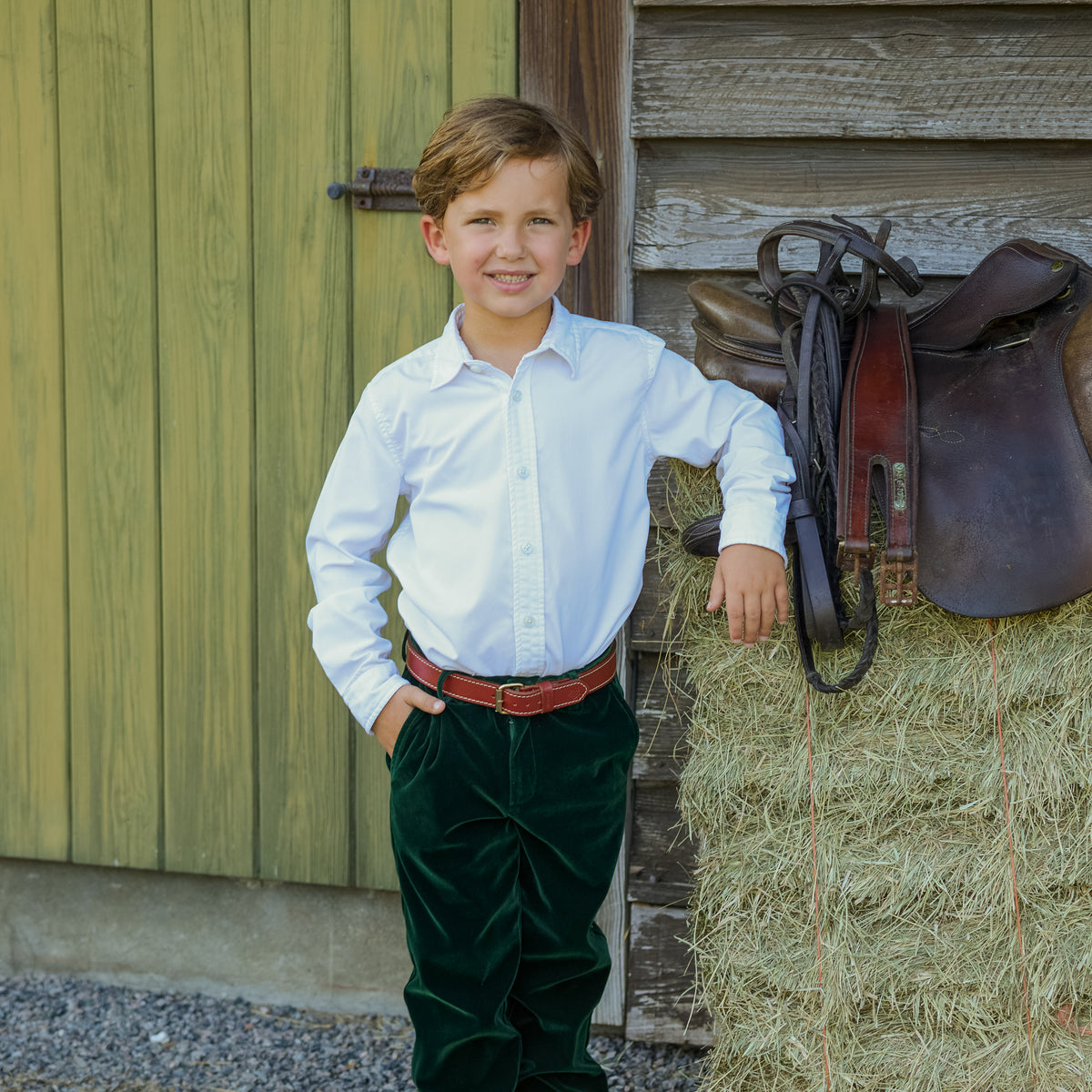 Boys’ Bradford Trousers in rich Grafton Green Velvet with a classic tailored fit, belt loops, front and back pockets, and embroidered Henry Duvall logo at the back.