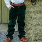 Boys’ Bradford Trousers in rich Grafton Green Velvet with a classic tailored fit, belt loops, front and back pockets, and embroidered Henry Duvall logo at the back.