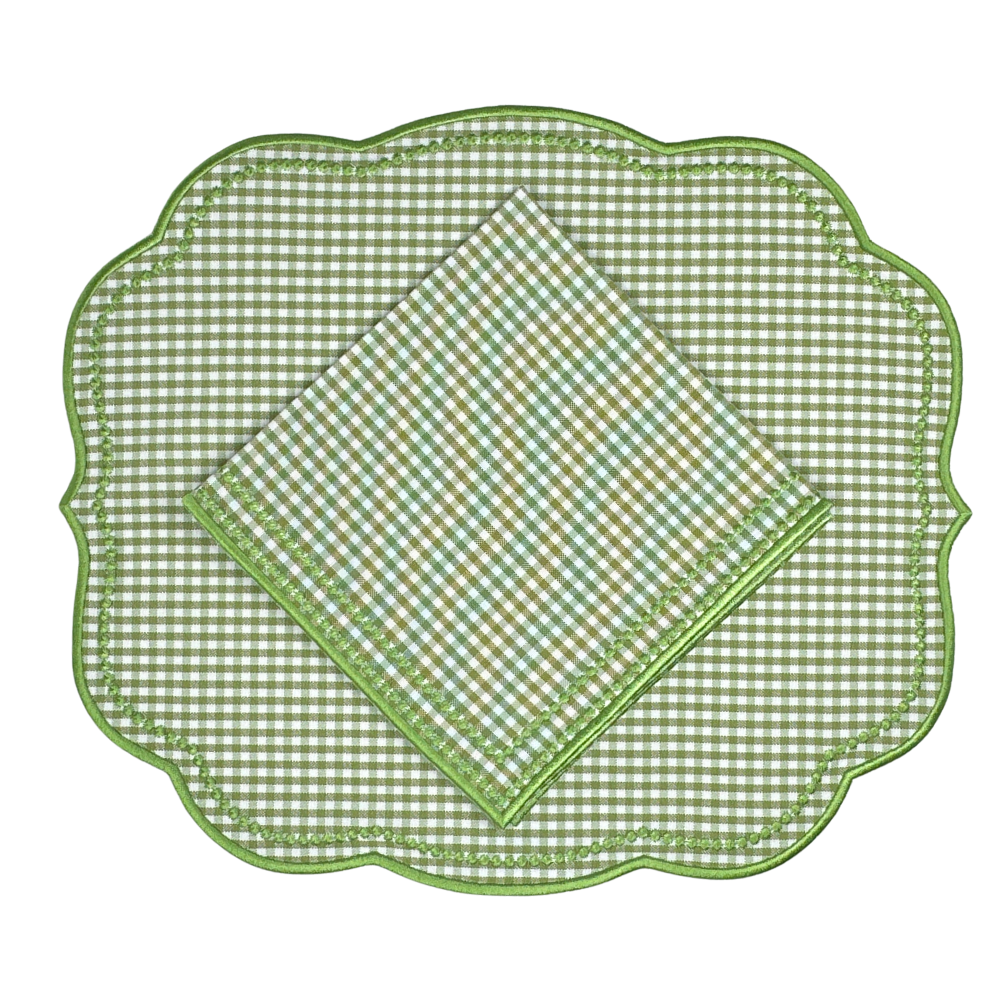 Green checkered placemat and napkin on a white background