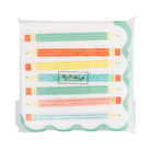 Pack of colorful pencils with a brand logo on a white background