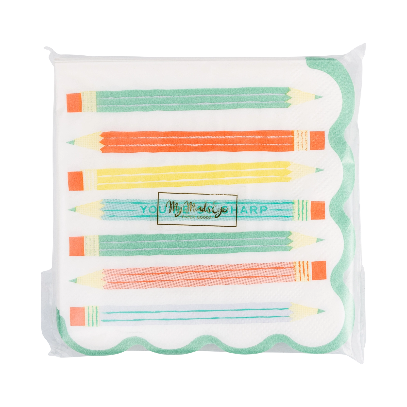 Pack of colorful pencils with a brand logo on a white background