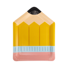 Pencil-shaped paper plate with a yellow body, pink base, and black top on a white background