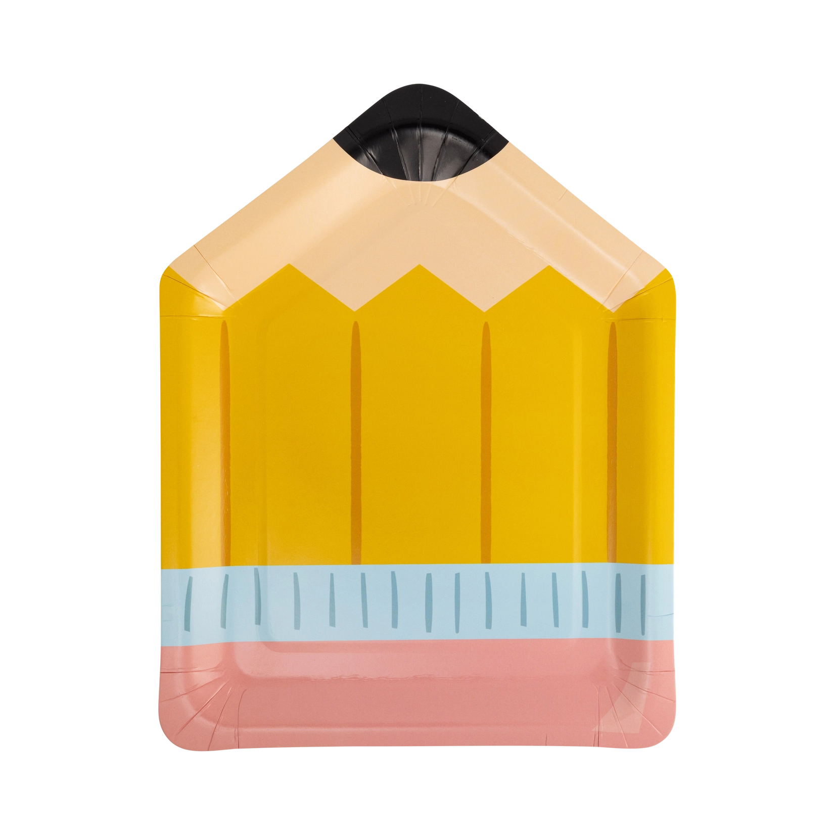 Pencil-shaped paper plate with a yellow body, pink base, and black top on a white background