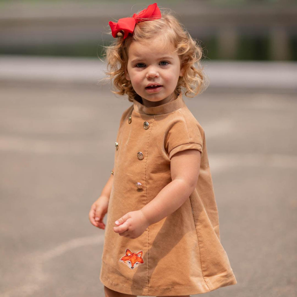 Isabel Dress in Clubhouse Camel Corduroy with Francey Fox Applique - Henry Duvall