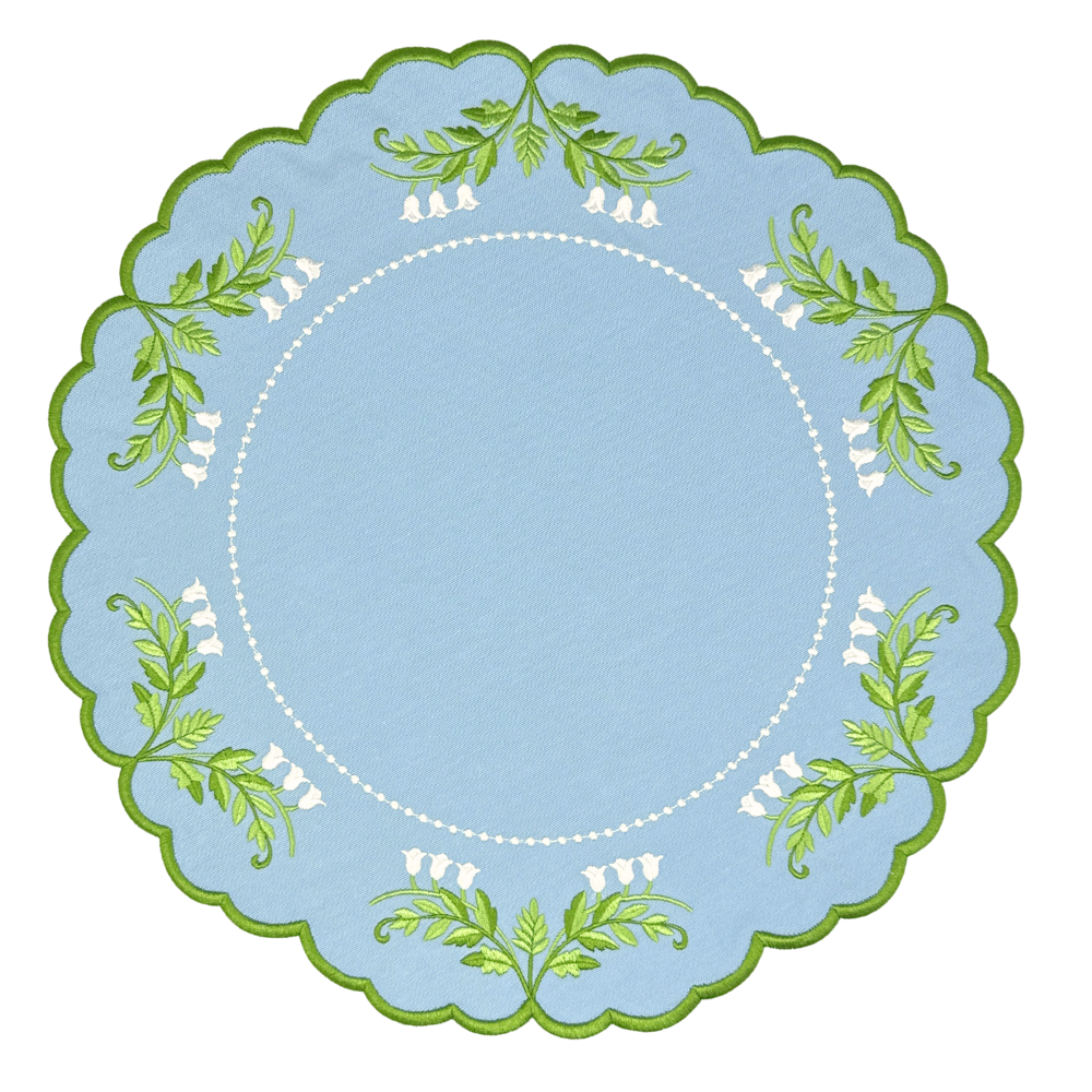 Round blue placemat with green leaf patterns on a white background