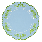 Round blue placemat with green leaf patterns on a white background