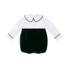 Boys’ Beau Bubble with crisp white long-sleeve cotton poplin top, green piping at the Peter Pan collar and cuffs, and gathered Grafton Green Velvet bottom.