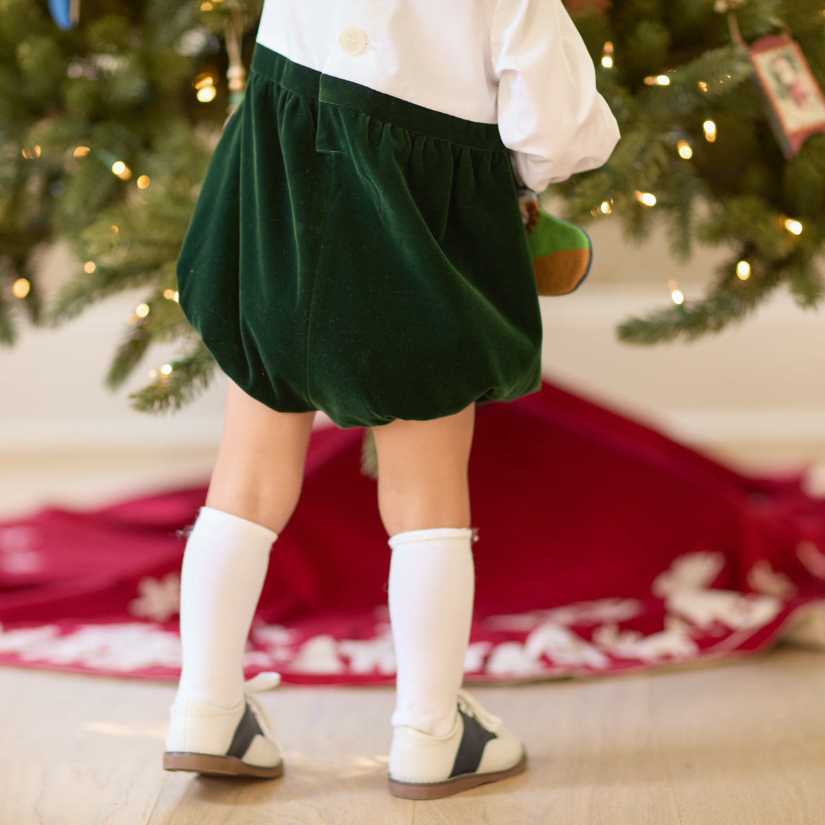 Boys’ Beau Bubble with crisp white long-sleeve cotton poplin top, green piping at the Peter Pan collar and cuffs, and gathered Grafton Green Velvet bottom.
