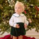 Boys’ Beau Bubble with crisp white long-sleeve cotton poplin top, green piping at the Peter Pan collar and cuffs, and gathered Grafton Green Velvet bottom.