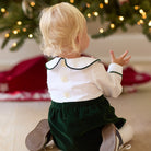 Boys’ Beau Bubble with crisp white long-sleeve cotton poplin top, green piping at the Peter Pan collar and cuffs, and gathered Grafton Green Velvet bottom.