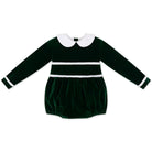 Baby girls’ Long Sleeve Grace Bubble in Grafton Green Velvet with a white pleated collar, waist and cuff trim.